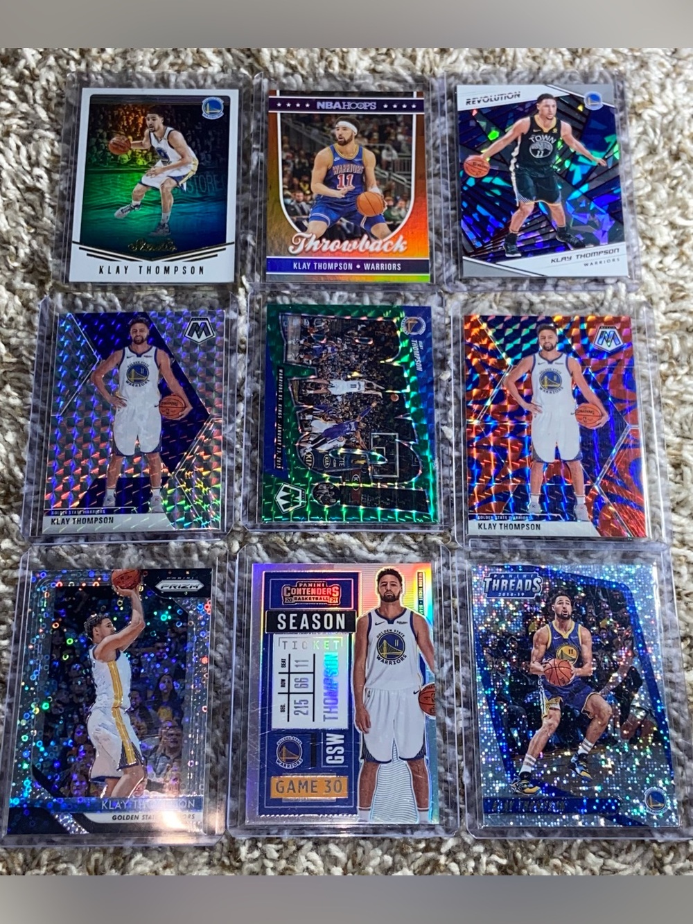 KLAY THOMPSON Lot Of 9ea Holo Parallels Mosaic Prizm Silver Warriors Cards